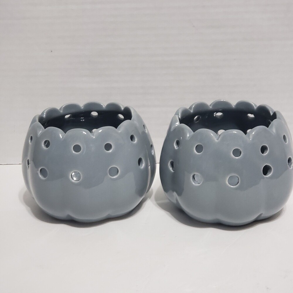 Tealight Candle Holders Gray 3.5 inches Ceramic Scallop Edge Set of Two